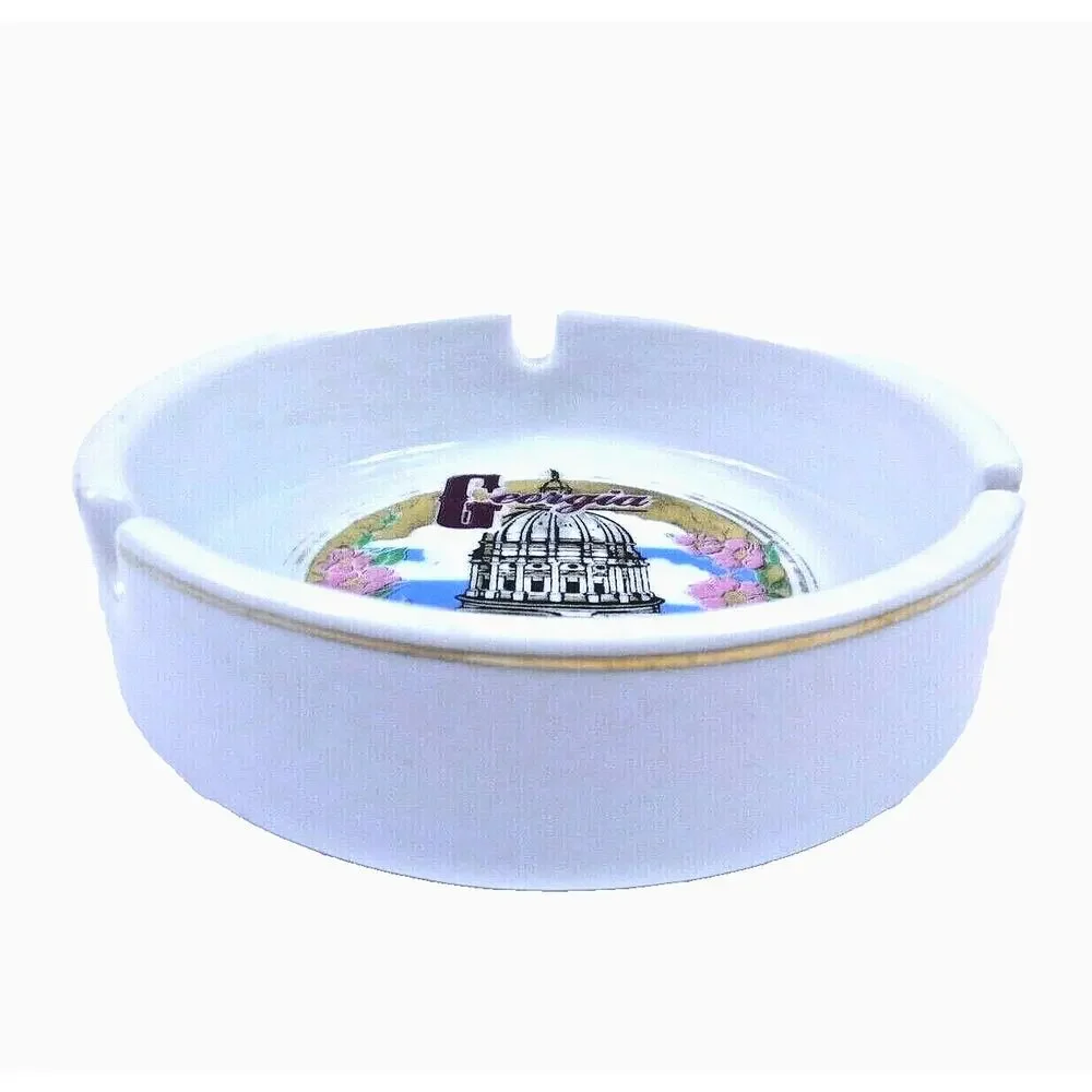 VTG Georgia Landmarks Porcelain Ashtray State Building Gold Trim 4” Wide